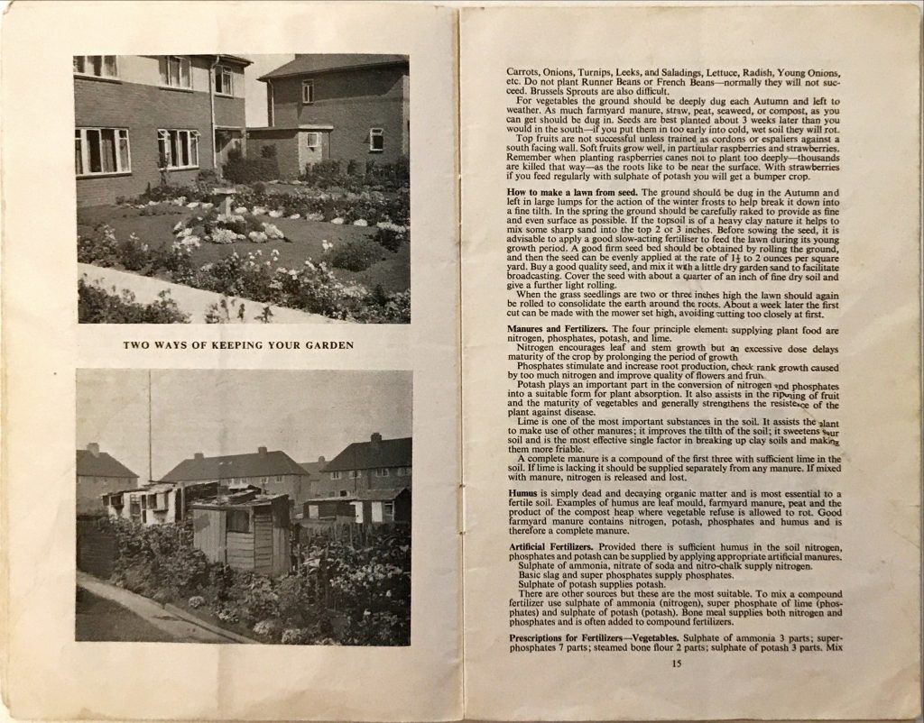 Two black-and-white photos showing contrasting garden styles in a housing estate, with text on vegetables, soil preparation, and fertilizers.