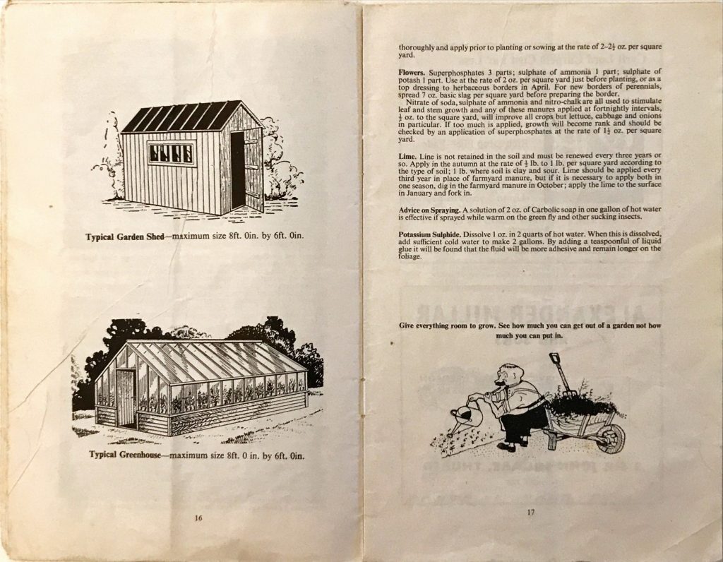 Illustrations of a typical garden shed and greenhouse with dimensions, plus text on fertilizers, lime, and gardening tips, and a cartoon of a man pushing a wheelbarrow.