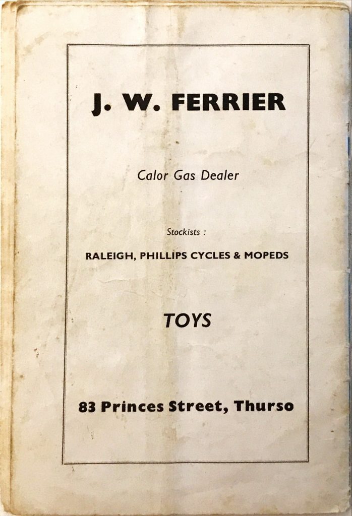 Vintage ad for J.W. Ferrier, Calor gas dealer and stockist of Raleigh and Phillips cycles, mopeds, and toys in Thurso. From Dounreay Householders Handbook.