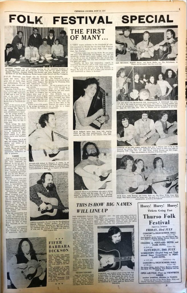 Full-page newspaper feature titled ‘Folk Festival Special’ from the Caithness Courier dated July 21, 1971. The page includes multiple black-and-white photographs of musicians playing guitars and other instruments, along with accompanying articles. Headlines read ‘The First of Many…’ and ‘This is How Big Names Will Line Up.’ There is also a section introducing Barbara Dickson and an advertisement for the Thurso Folk Festival listing events and ticket details.
