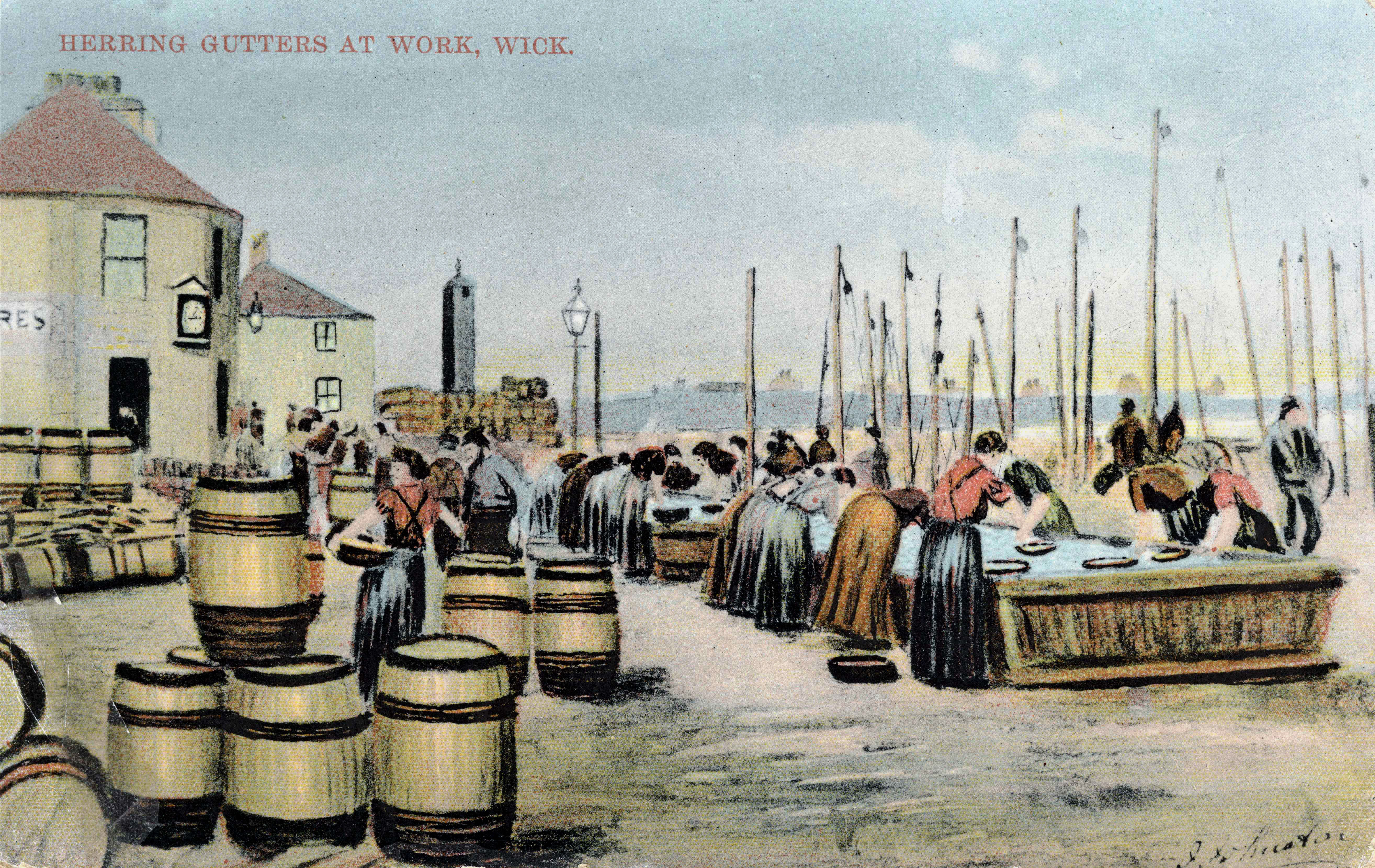 Postcard showing the herring gutters at work in Wick Harbour (Courtesy of Am Baile)