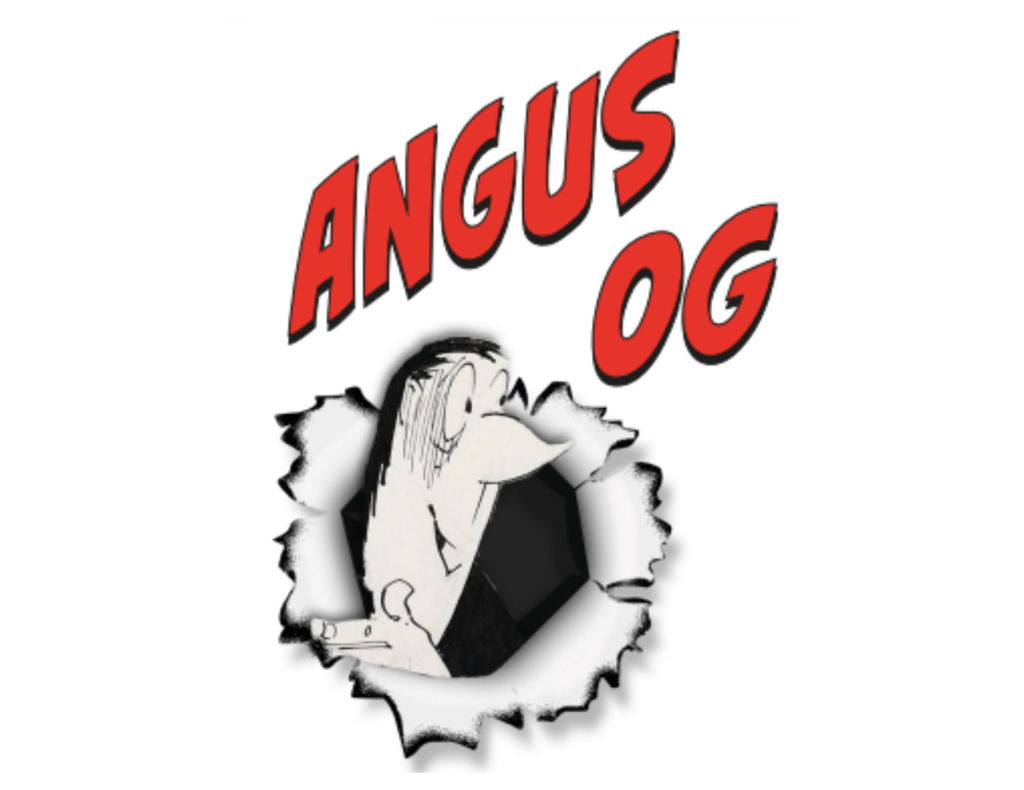 An illustrated cartoon figure peeks through a torn hole in a white background. Above the character, the words “ANGUS OG” appear in large, bold red lettering.