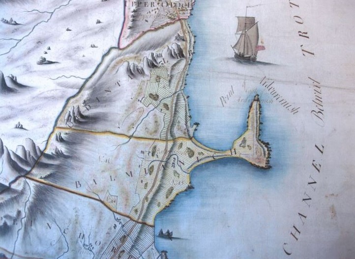 A detailed historical map depicting part of the Isle of Skye, showing the three townships that formed part of the Braes. The map illustrates coastal areas with blue shading for water, including the Sound of Raasay and the Inner Sound. Land features such as hills and mountains are drawn in shaded relief, and fields are marked with boundary lines and names of settlements. Roads and tracks are indicated, and a sailing ship is illustrated offshore in the sea. The map includes handwritten labels for places like Balmeanach and other Braes townships.