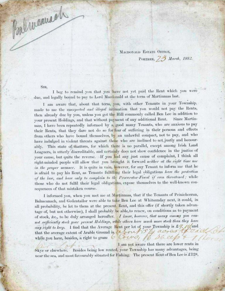 Printed letter on aged paper, marked as page 1. The text addresses tenants regarding rent payment and legal obligations, warning against withholding rent and contesting estate laws. It emphasizes consequences of non-payment and advises compliance to maintain relations between landlord and tenants.