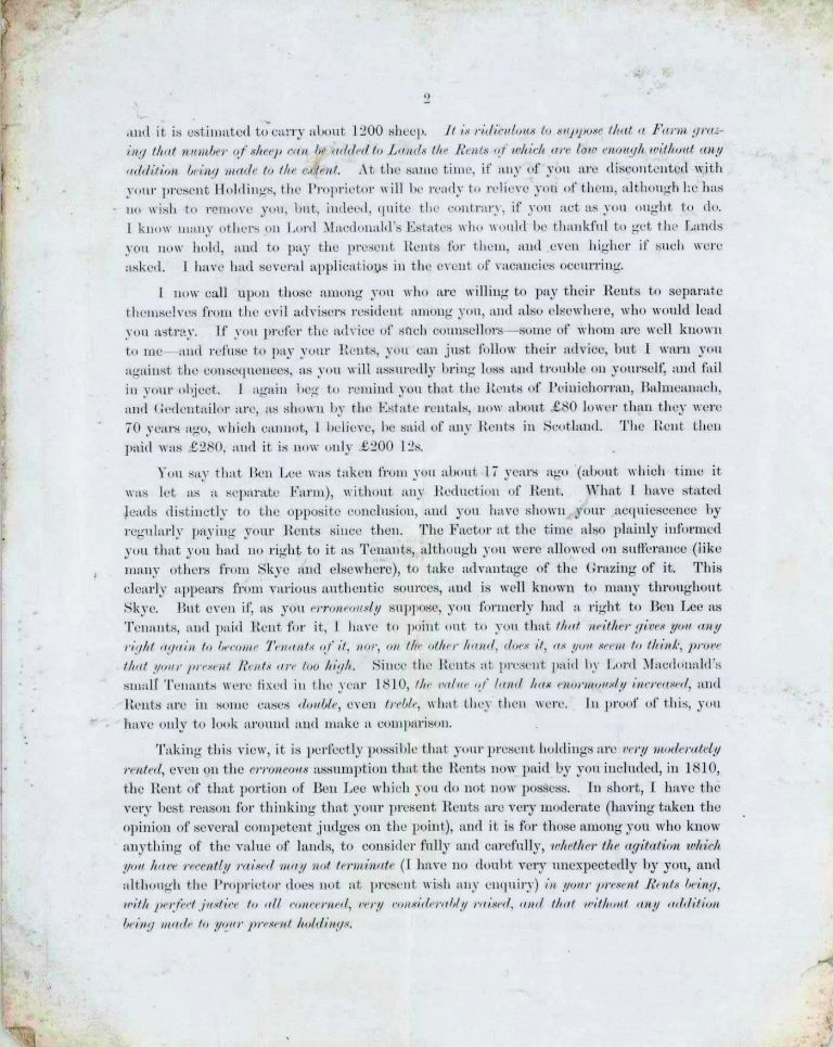 Printed letter on aged paper, marked as page 2. The text addresses tenants regarding rent payment and legal obligations, warning against withholding rent and contesting estate laws. It emphasizes consequences of non-payment and advises compliance to maintain relations between landlord and tenants.