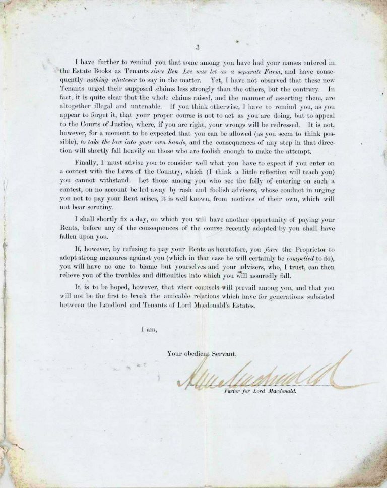 Printed letter on aged paper, marked as page 3. The text addresses tenants regarding rent payment and legal obligations, warning against withholding rent and contesting estate laws. It emphasizes consequences of non-payment and advises compliance to maintain relations between landlord and tenants.