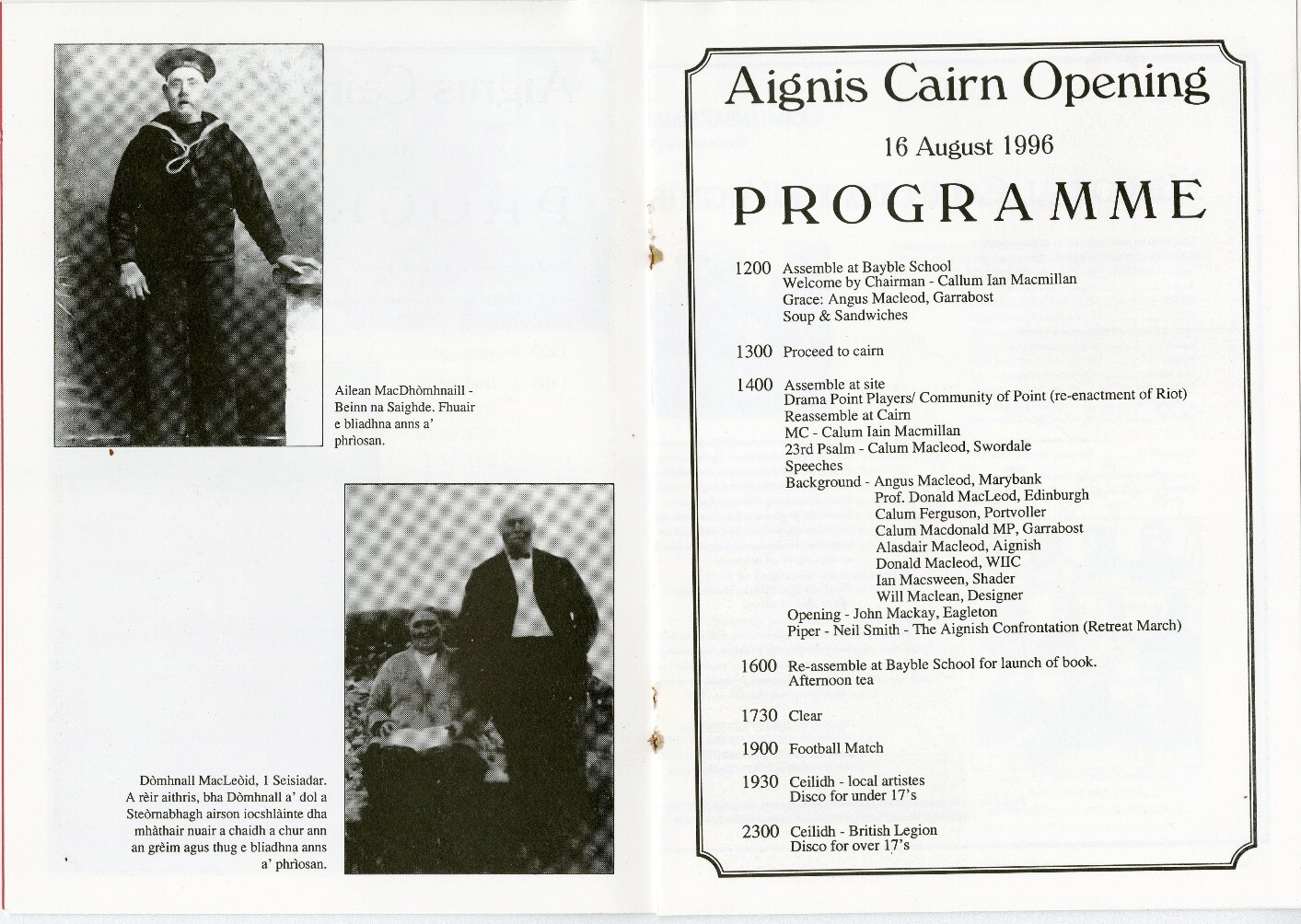 Black and white image of Programme for Aignis Cain Opening Programme, image contains text and two photographs. First photograph is a sailor standing, second is of a man and woman standing.