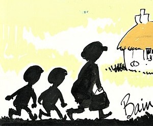 Illustrated cover featuring the title “ANGUS OG” in large red letters inside a white rectangular box with a blue border at the top. Below the title, three black silhouettes walk in a line from left to right, suggesting a family group. The first figure is tall and carries a handbag, followed by two smaller figures. On the right side, there is a simple drawing of a small thatched-roof cottage with a chimney, set against a pale yellow background. The signature “Bain” appears at the bottom right, indicating the artist Ewen Bain. The image represents the comic strip “Angus Og,” known for its humorous portrayal of life in the Scottish Highlands.