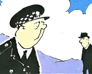 Cartoon-style illustration showing a police officer in a dark uniform and checkered cap in the foreground, looking toward another figure in the distance who is wearing a black suit, hat and dog collar. The background features simple purple hills and a white sky with patches of blue, suggesting an outdoor Highland setting. The image is drawn in a humorous, minimalist style typical of the Angus Og comic strip by Ewen Bain, which satirized life in the Scottish Highlands.