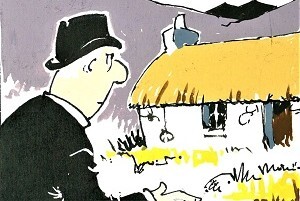 Cartoon-style illustration showing a person wearing a black suit and bowler hat standing outdoors, facing a small white stone cottage with a thatched roof and a blue chimney. The cottage is surrounded by yellow grass, and the sky behind it is shaded in purple tones, suggesting dusk or an overcast day. The image is drawn in a humorous, simplified style typical of the Angus Og comic strip by Ewen Bain, which satirized life in the Scottish Highlands.