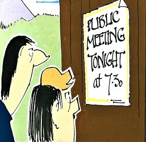 Cartoon-style illustration showing two characters standing outdoors and looking at a wooden board with a large white sign pinned to it. The sign reads in bold, handwritten letters: “PUBLIC MEETING TONIGHT at 7.30.” The background includes a small section of a purple sky and a hint of a mountain peak. The drawing uses simple lines and flat colors, typical of the Angus Og comic strip by Ewen Bain, which humorously depicted life in the Scottish Highlands.
