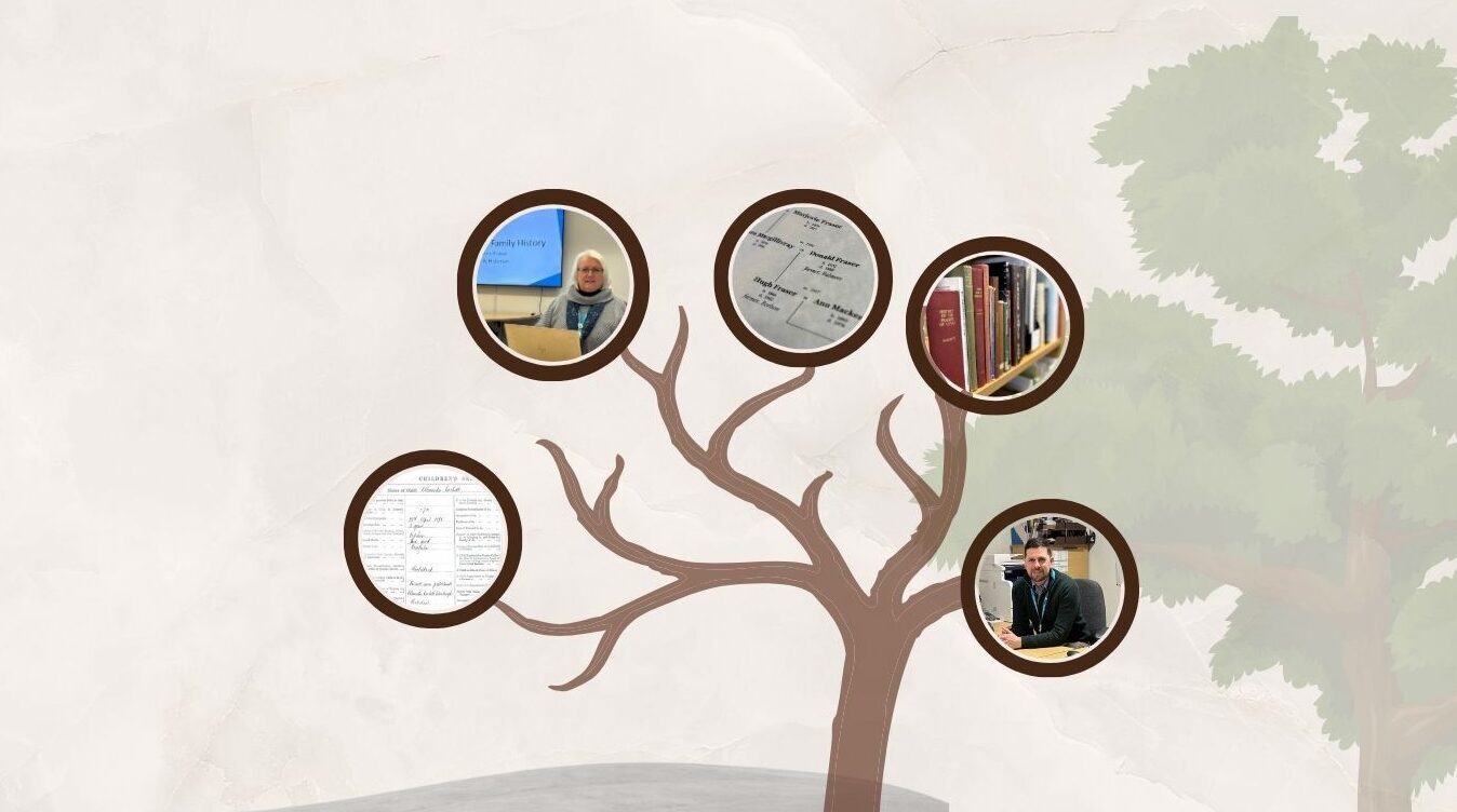 A stylized family tree graphic appears on the right side of a light textured background. Several circular images are placed on the branches, including archival documents, shelves of books, and a staff member seated at a desk. A green tree illustration is partially visible on the far right, while the left side of the image is mostly empty space.