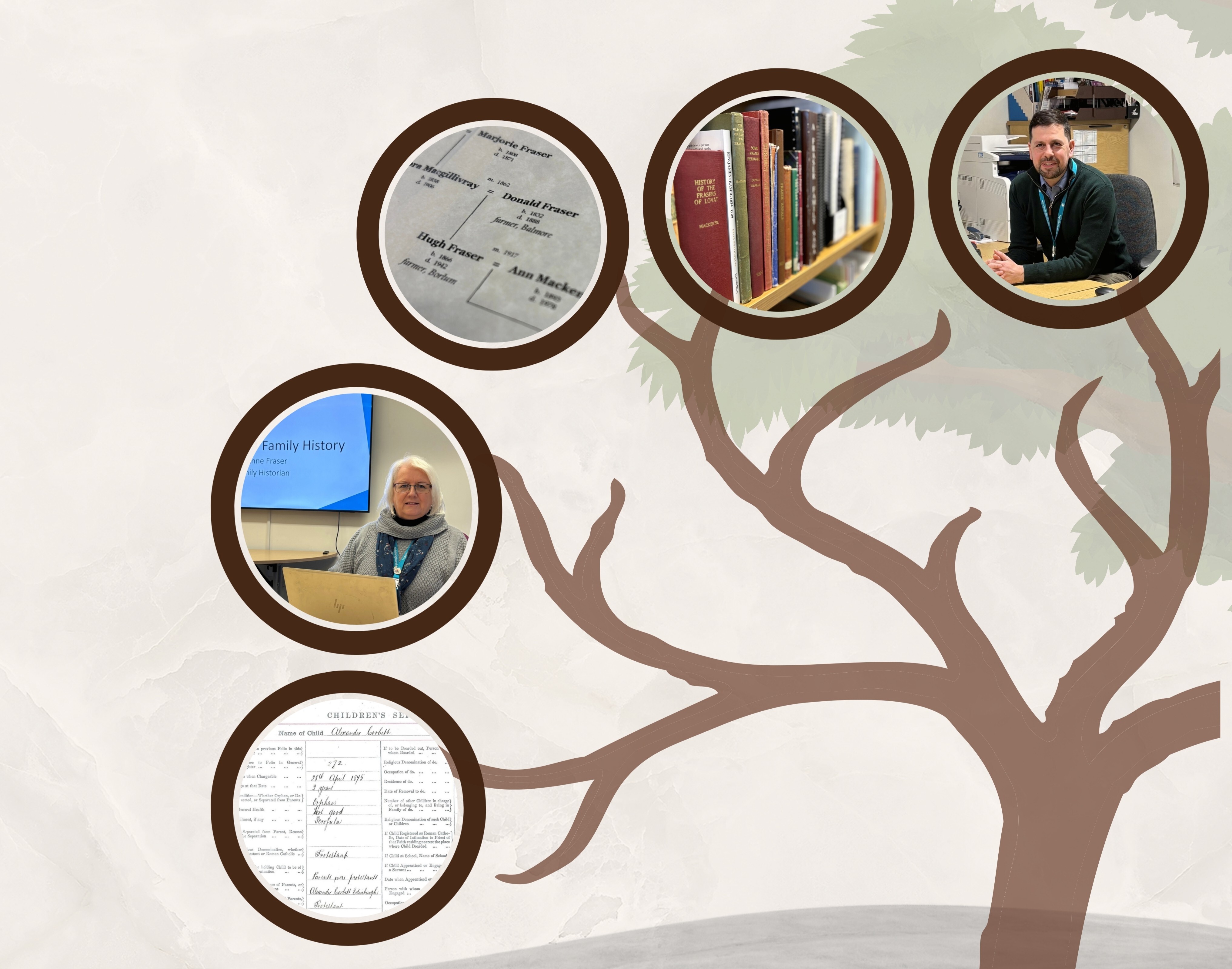 Illustrated family tree graphic featuring circular images connected by branches, including a family history presentation, genealogical records, a family tree chart, books on archive shelves, and an archive staff member at a desk. The design represents family history research, archives and genealogy services.