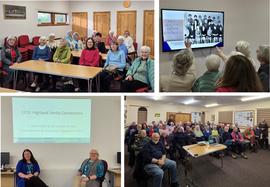 A collage of four images showing community group activities and presentations related to local history. The top-left image depicts a group of people seated in a room with wooden doors and stacked chairs, arranged for a talk or discussion. The top-right image shows several individuals pointing at a large screen displaying a black-and-white photograph of a school group with text above it. The bottom-left image features a presentation slide titled “1715: Highland Family Connections” projected on a screen, with two people seated near the front. The bottom-right image shows a larger group gathered in a meeting room, seated around tables with a projector and presentation materials visible. The setting suggests educational or heritage engagement events.