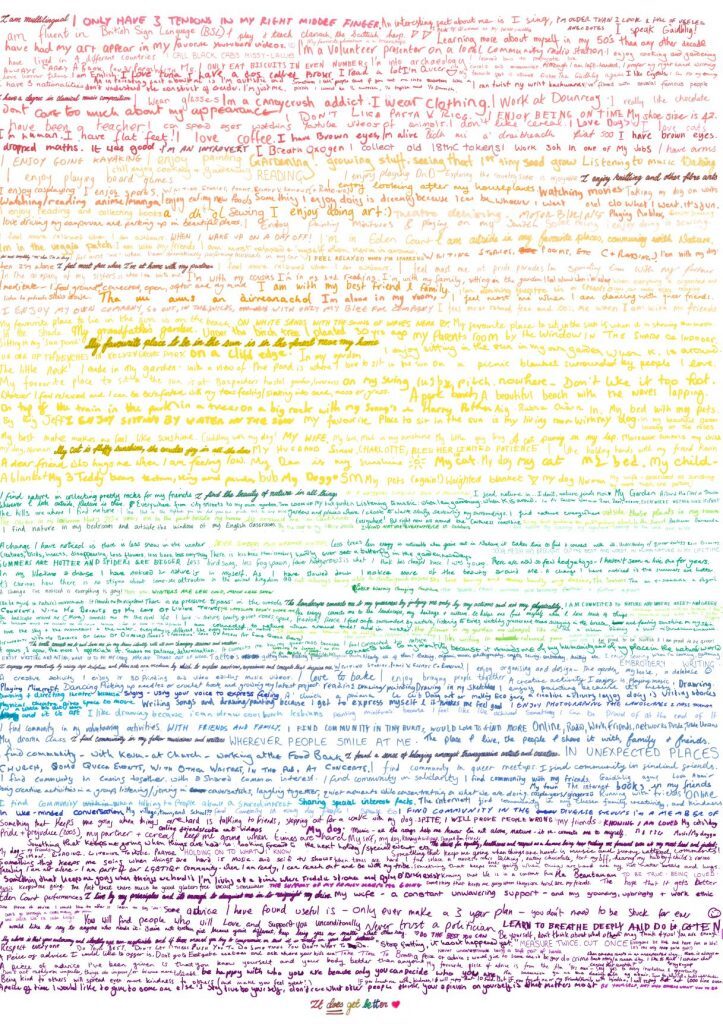 A large handwritten text artwork arranged in horizontal rainbow-colored sections, transitioning from red at the top through orange, yellow, green, blue, and purple toward the bottom. The text is densely written in varying sizes and styles, creating a vibrant, colorful gradient effect. At the very bottom center, there is a small heart symbol in red and green.