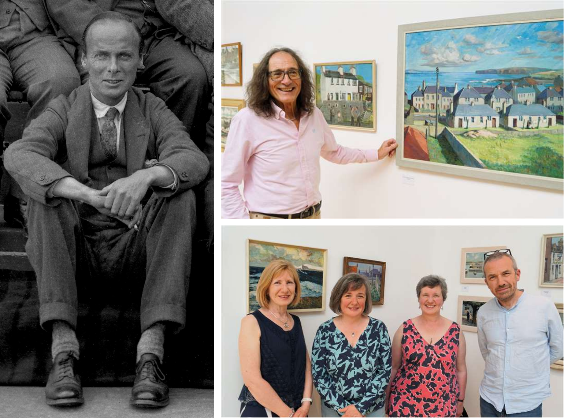 Collage featuring artwork and a gallery exhibition. On the left is a historic black-and-white portrait photograph of a seated individual in formal early twentieth-century clothing. The upper right image shows a visitor standing beside framed paintings of Highland landscapes and coastal scenes displayed in an art gallery. The lower right image shows four visitors posing in front of a gallery wall hung with landscape paintings and seascapes. The collage highlights archival photography alongside a contemporary exhibition of Highland art.