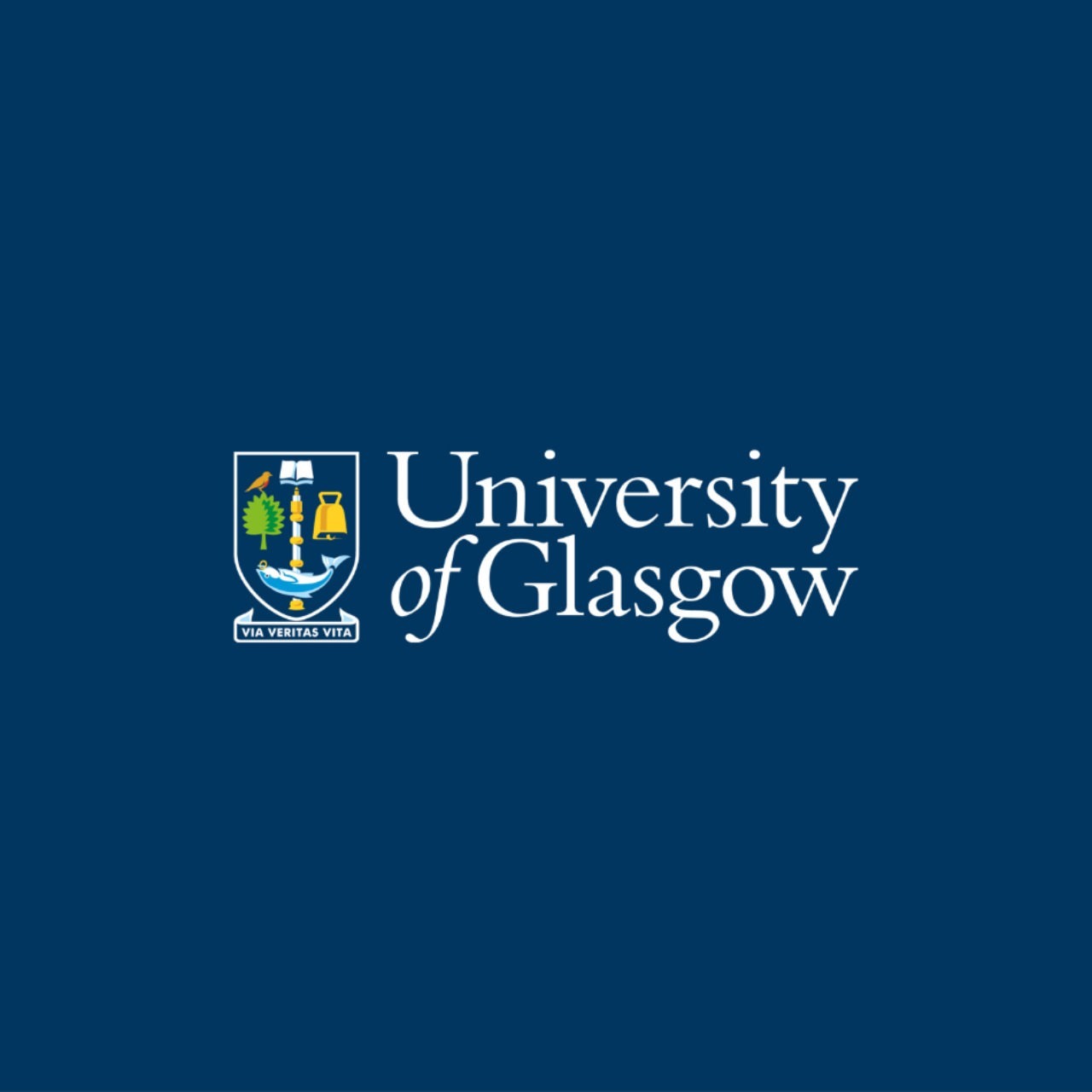 Navy blue background with white writing stating "University of Glasgow" and hte university shield with a tree, fish, bird and bell representing the city of Glasgow.