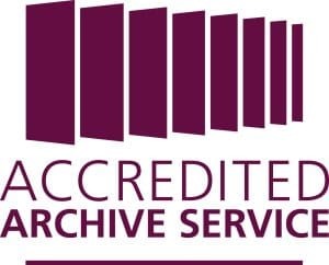A maroon-colored logo featuring a series of vertical bars arranged in a staggered formation, resembling stacked books or files. Below the graphic, the text reads “ACCREDITED ARCHIVE SERVICE” in uppercase letters, also in maroon. The design conveys professionalism and is associated with official archive accreditation.