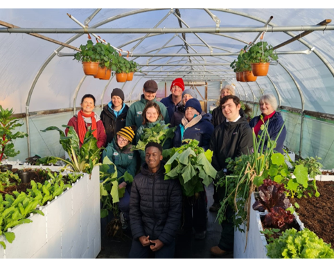 A group of smiling gardeners surrounded by their veg plot and hanging fruits.