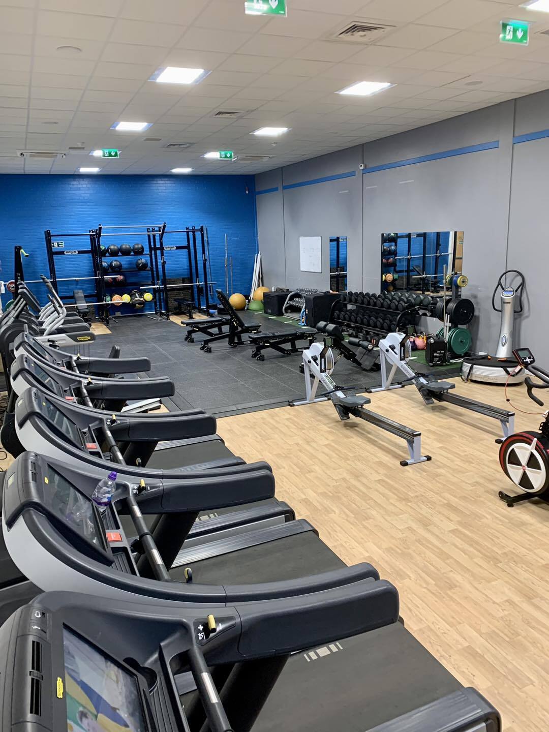 A fully equipped gym including treadmills, rowing machines and a weight station.