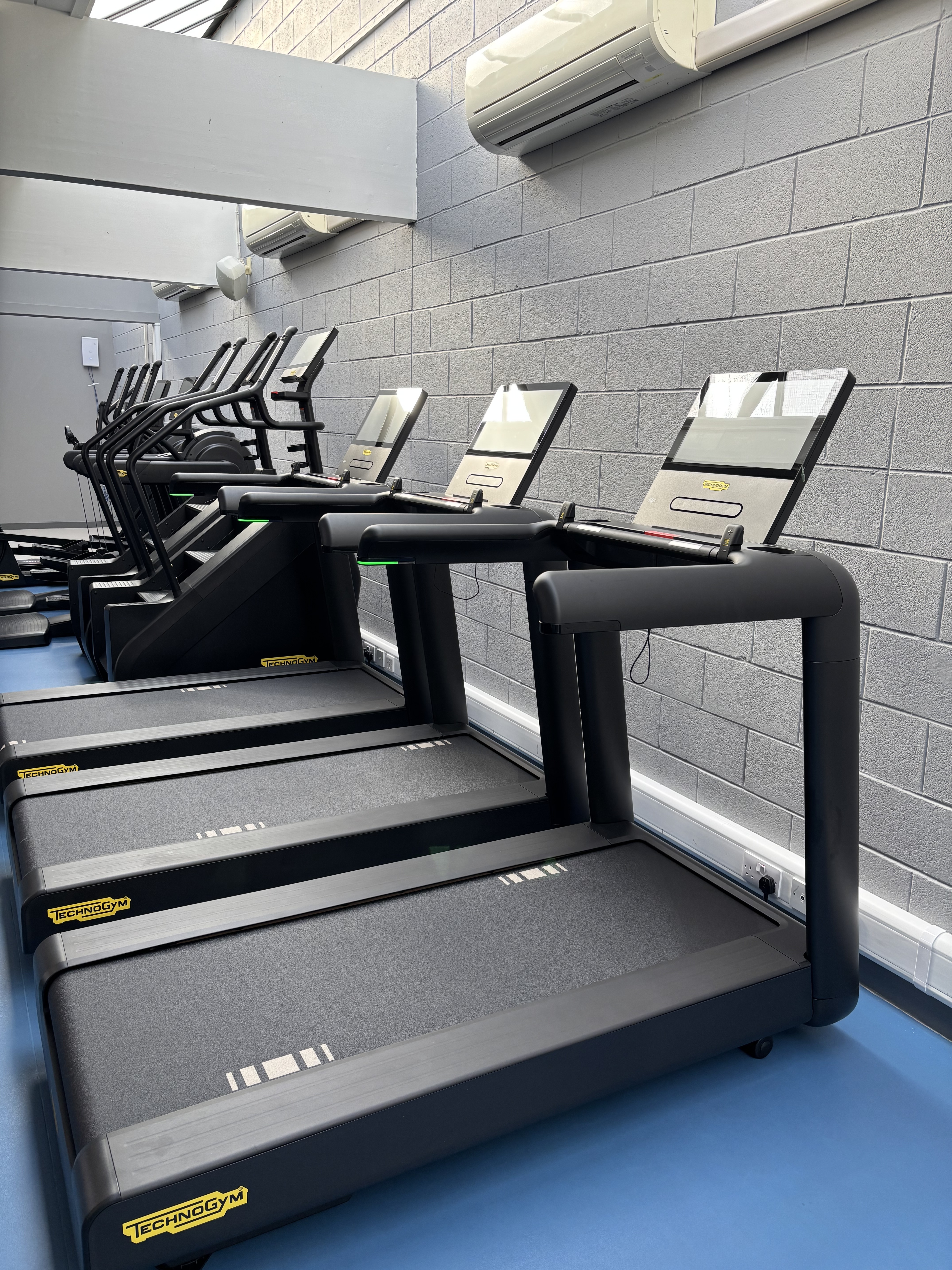 Row of modern treadmills lined up against a grey brick wall in a bright gym area, with large screens on each machine and blue flooring beneath.