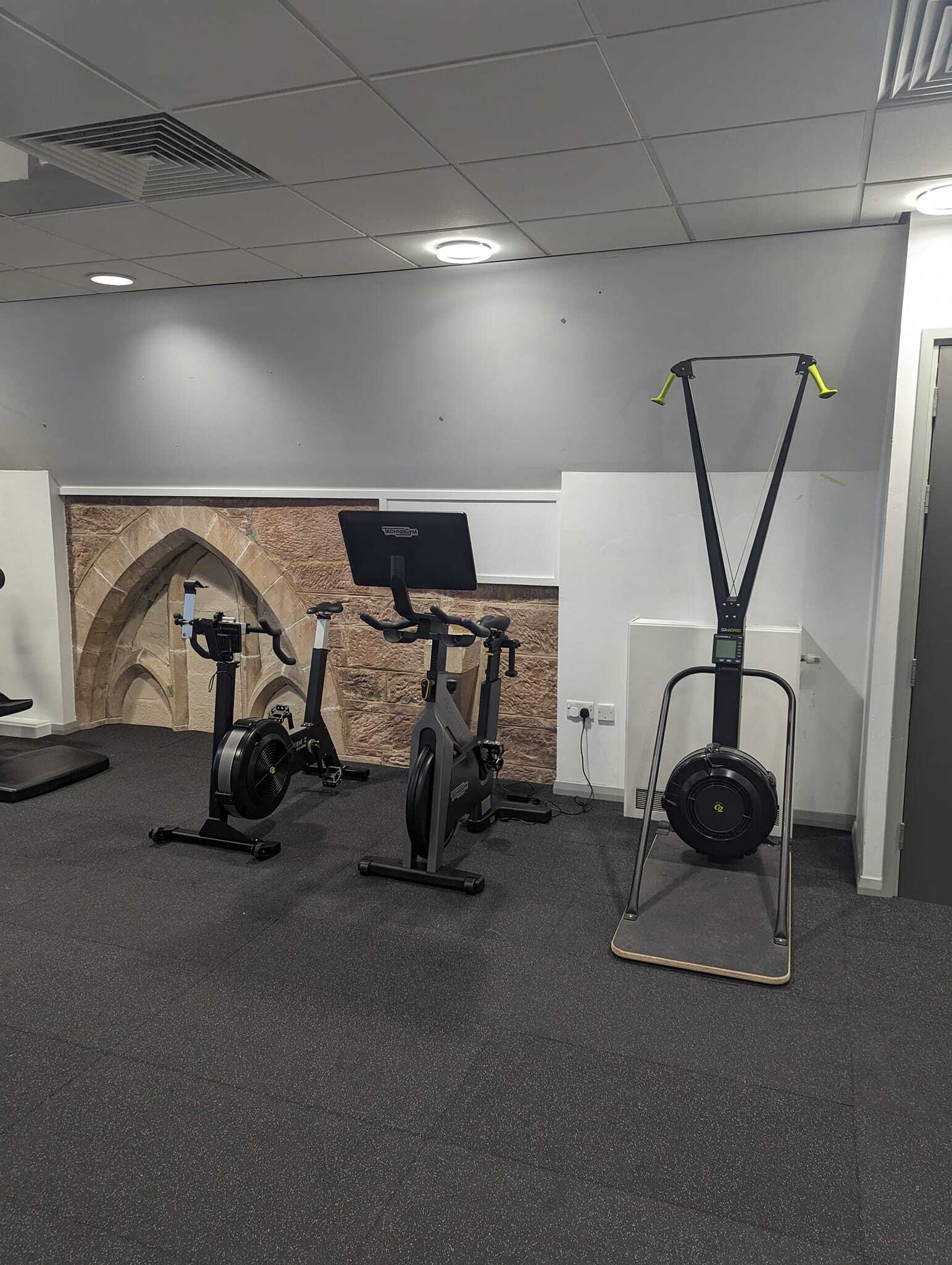Cardio area featuring two indoor exercise bikes and a ski erg machine positioned against a wall with a decorative stone‑arch graphic. The room has grey flooring, white walls, and a suspended ceiling with recessed lighting.