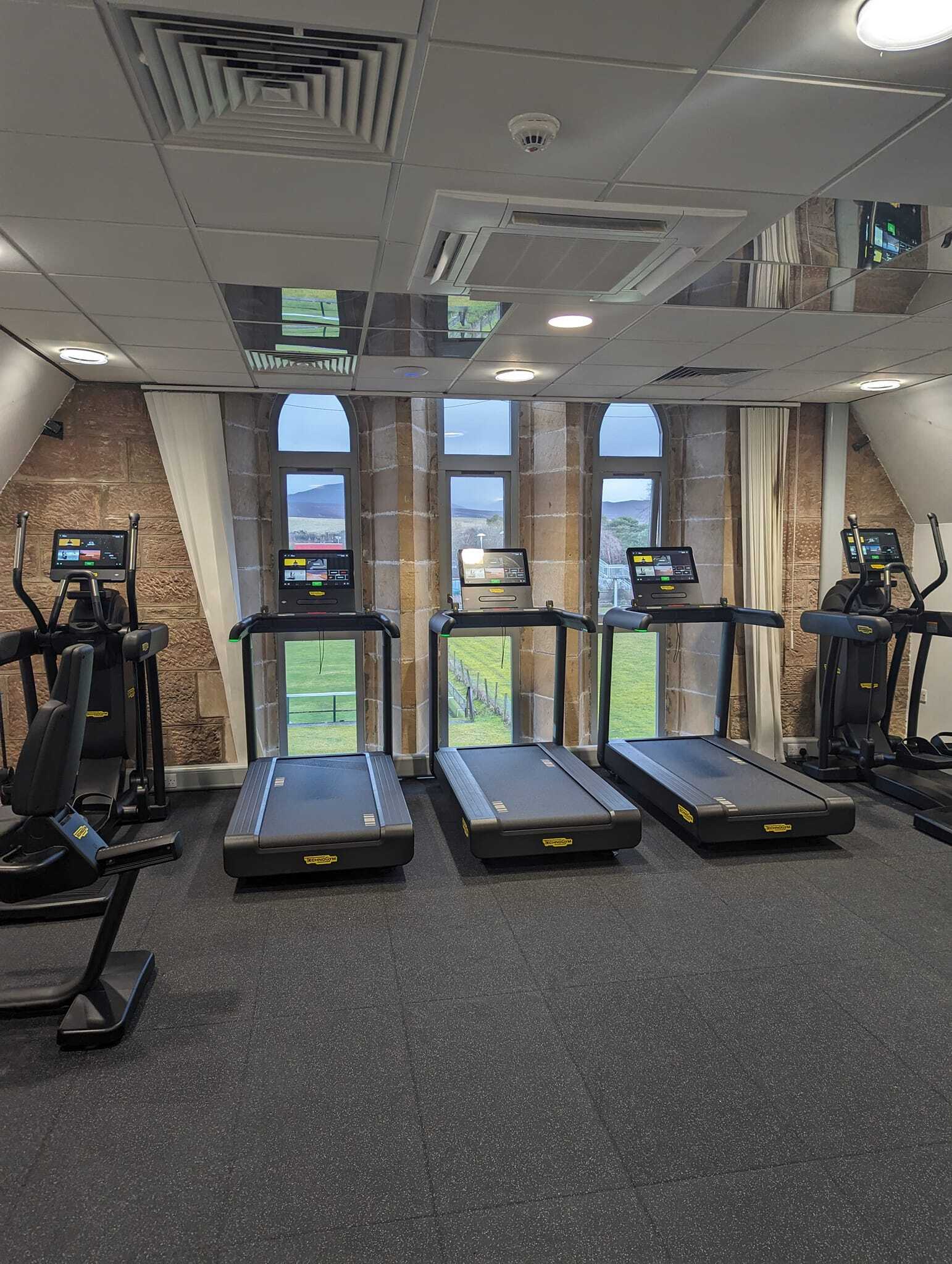 Cardio room with multiple treadmills and cross‑trainers arranged in front of tall arched windows overlooking a grassy outdoor area. The space features dark rubber flooring, stone wall detailing, and a bright suspended ceiling with recessed lighting.