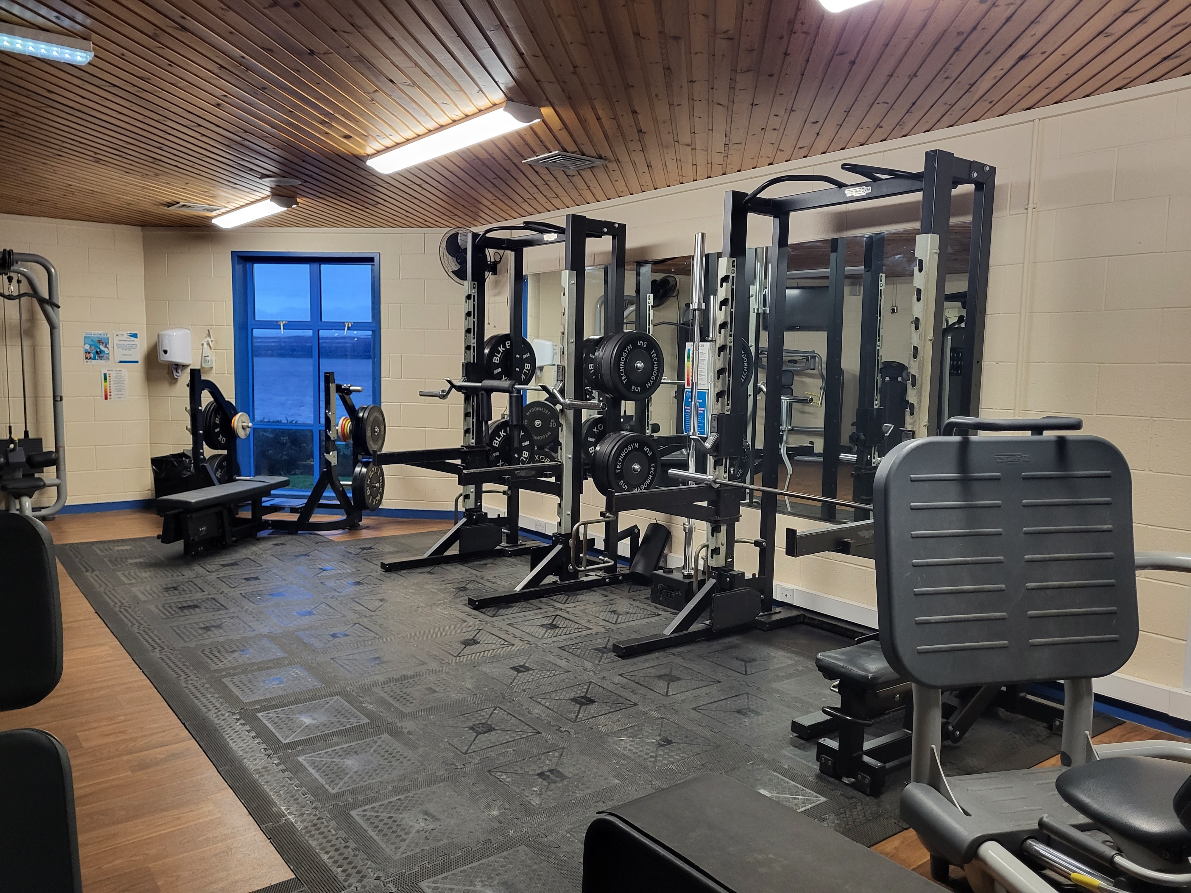 A strength training room with weight racks, barbells, and benches placed on a rubberized floor. Mirrors line one wall, and a window on the opposite side shows an outdoor view. The room has a wooden ceiling with bright overhead lighting and various weight machines around the edges.