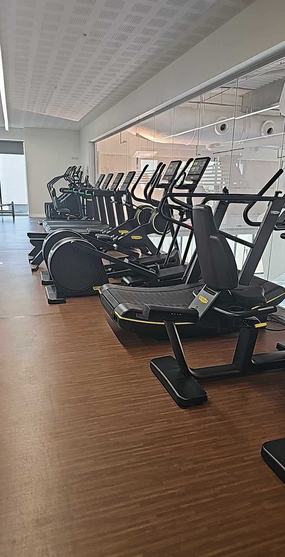 A row of modern cardio machines, including cross trainers and exercise bikes, lined up on a wooden floor beside a large glass wall. The space is bright with high ceilings, and the equipment faces toward the windows overlooking another gym area.