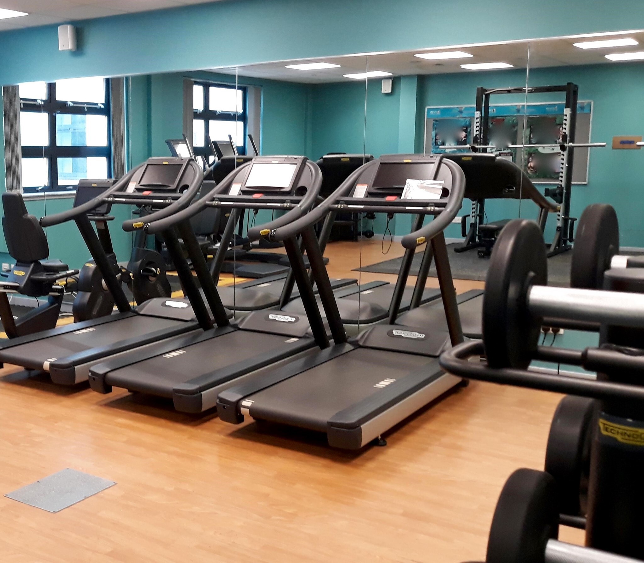 A row of treadmills in a gym, set in front of large mirrors with weights visible to the side.
