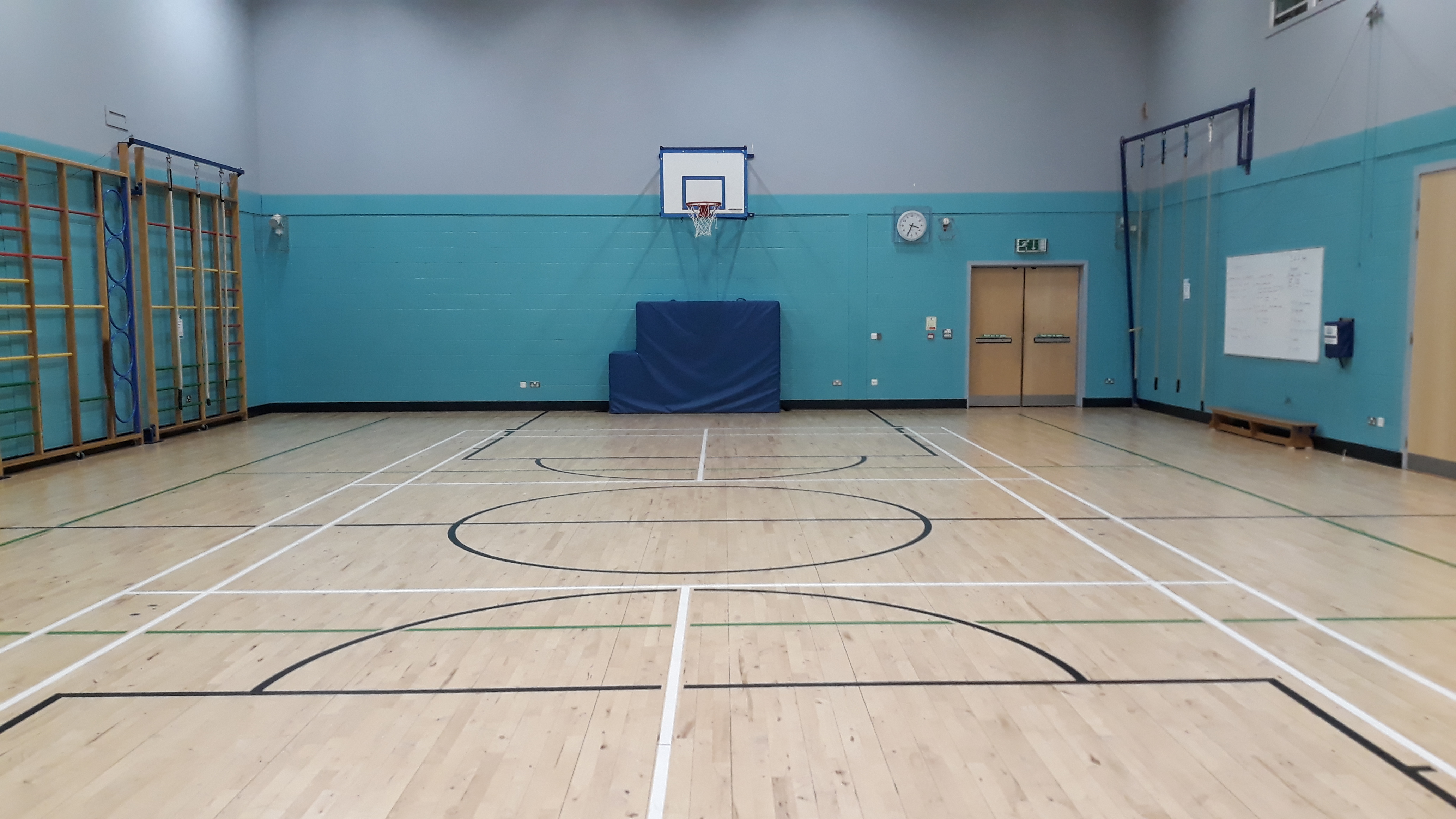 An empty sports hall with a wooden floor, wall bars, and a basketball hoop on the far wall.