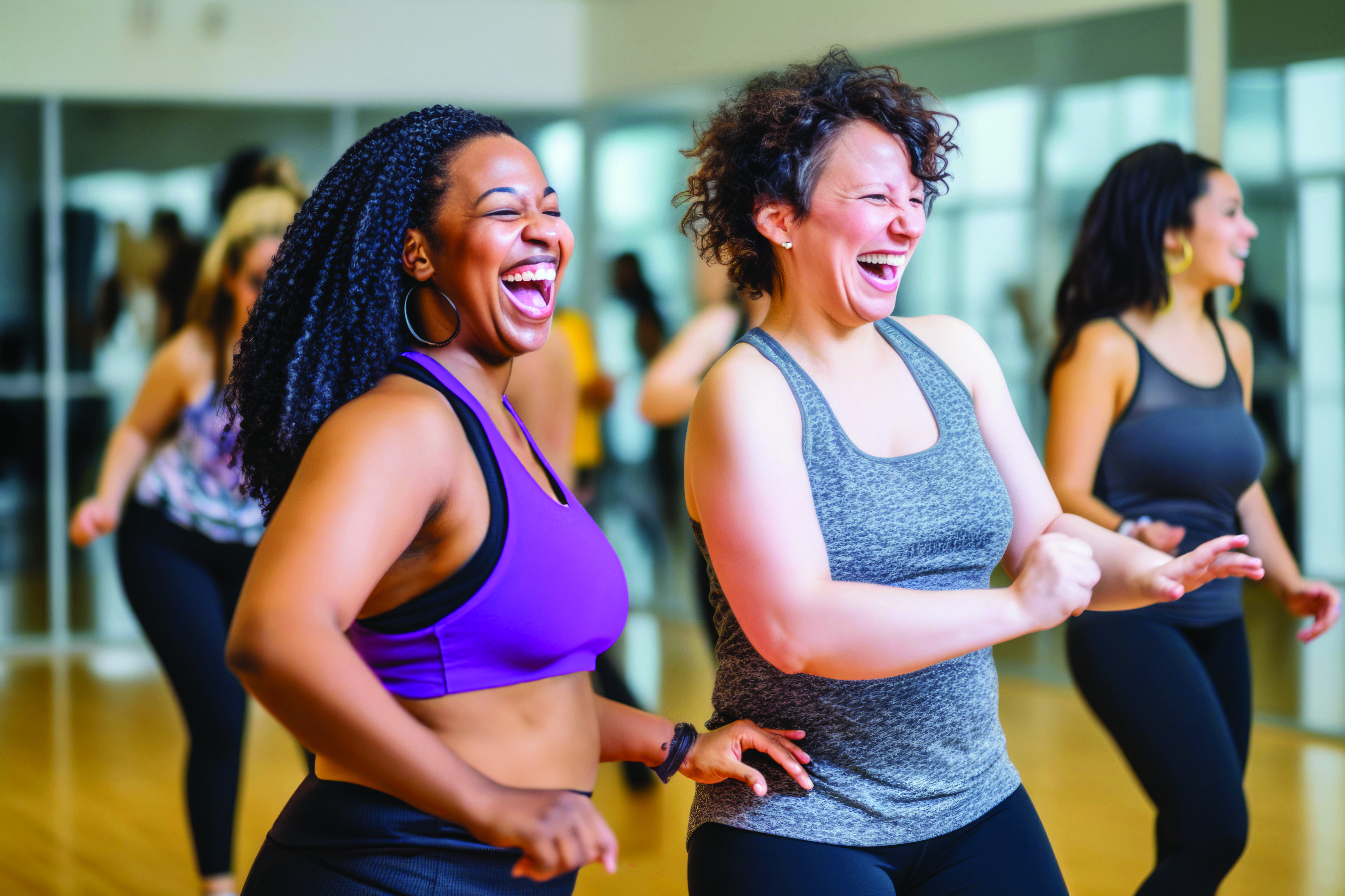 People taking part in a lively dance fitness class, moving in sync inside a bright studio with mirrored walls.