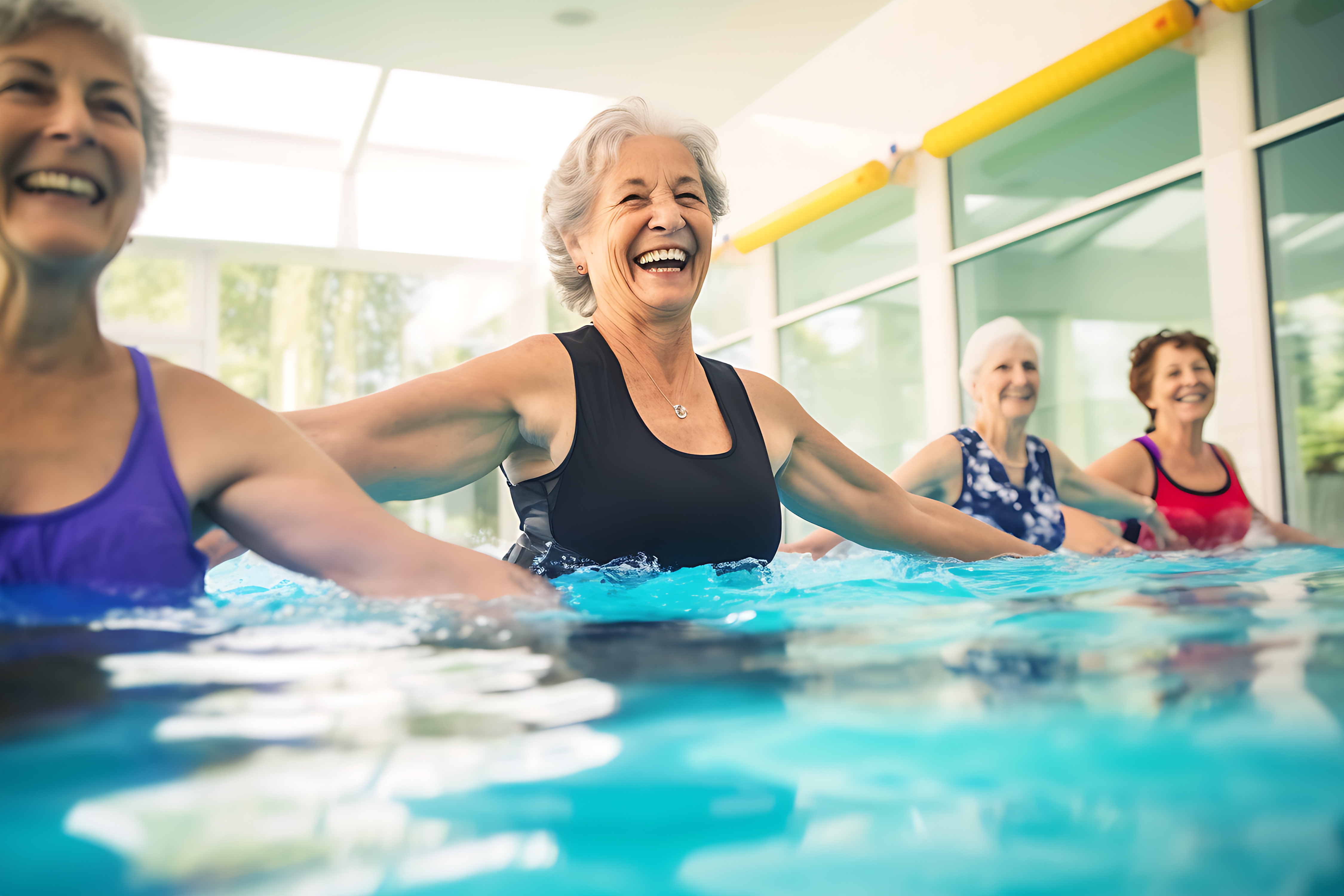 People participating in an aqua aerobics class in a swimming pool, performing arm exercises in the water.