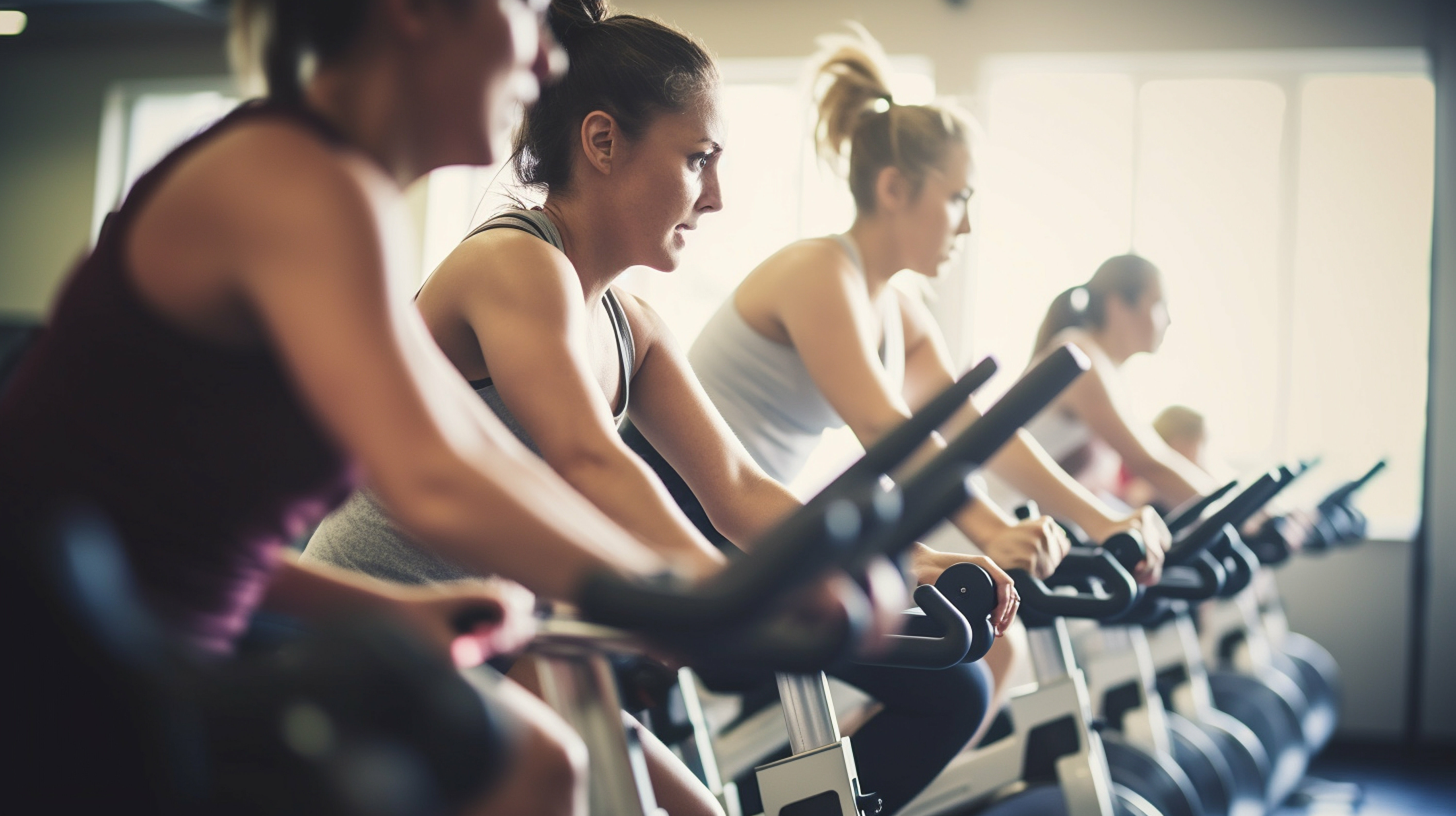 People taking part in an indoor cycling class, riding stationary bikes in a fitness studio.