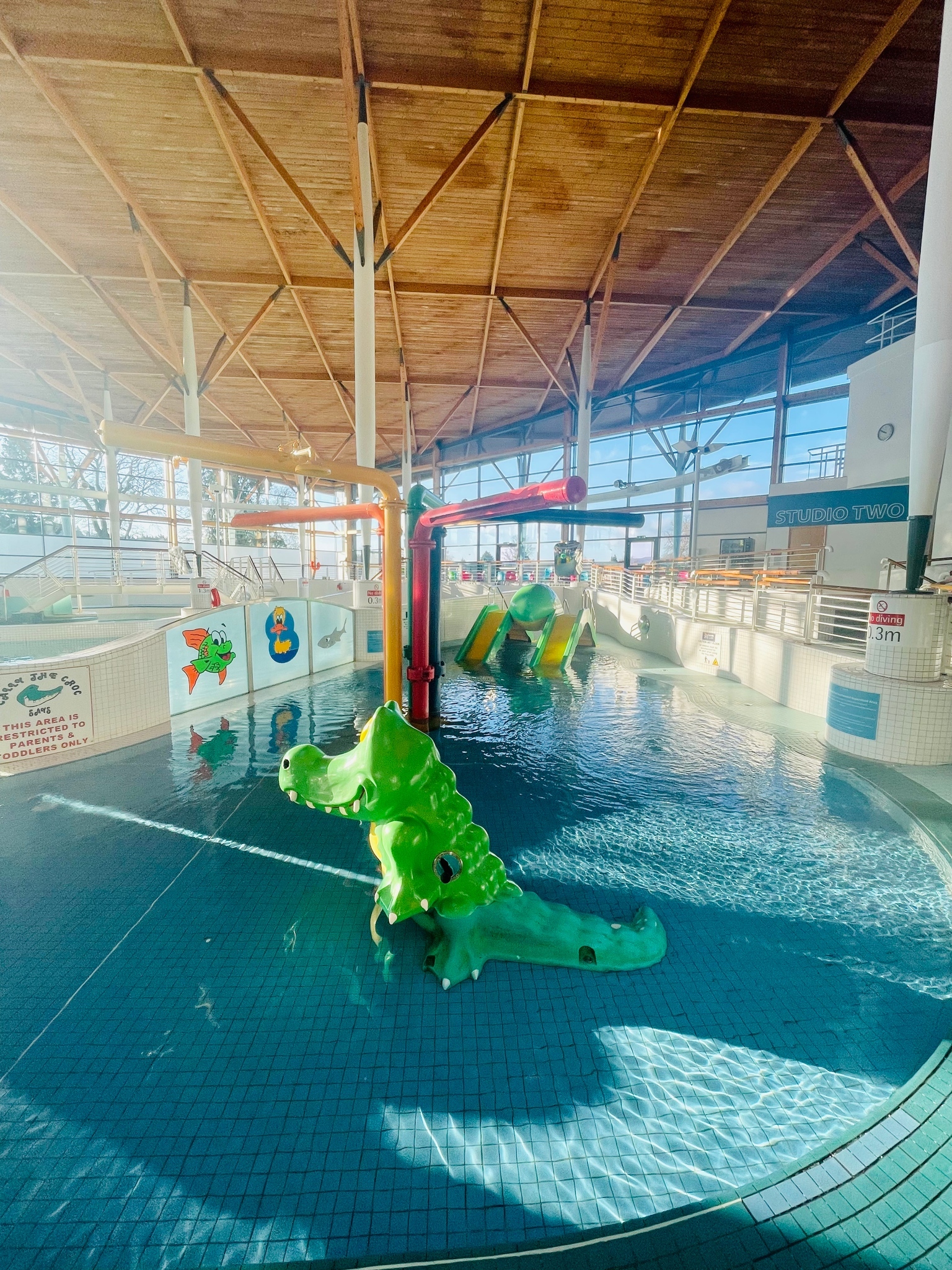 Indoor children’s splash pool featuring a bright green crocodile-shaped play structure in shallow water. Behind it are small water slides, colorful wall murals, and overhead spray pipes. The space has a high wooden ceiling and large windows letting in natural light.