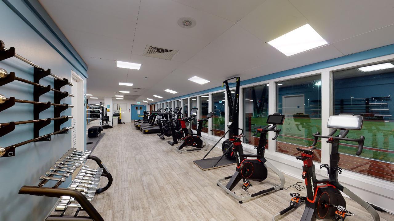 A cardio area with exercise bikes, rowing machines, treadmills, and free weights beside large windows.