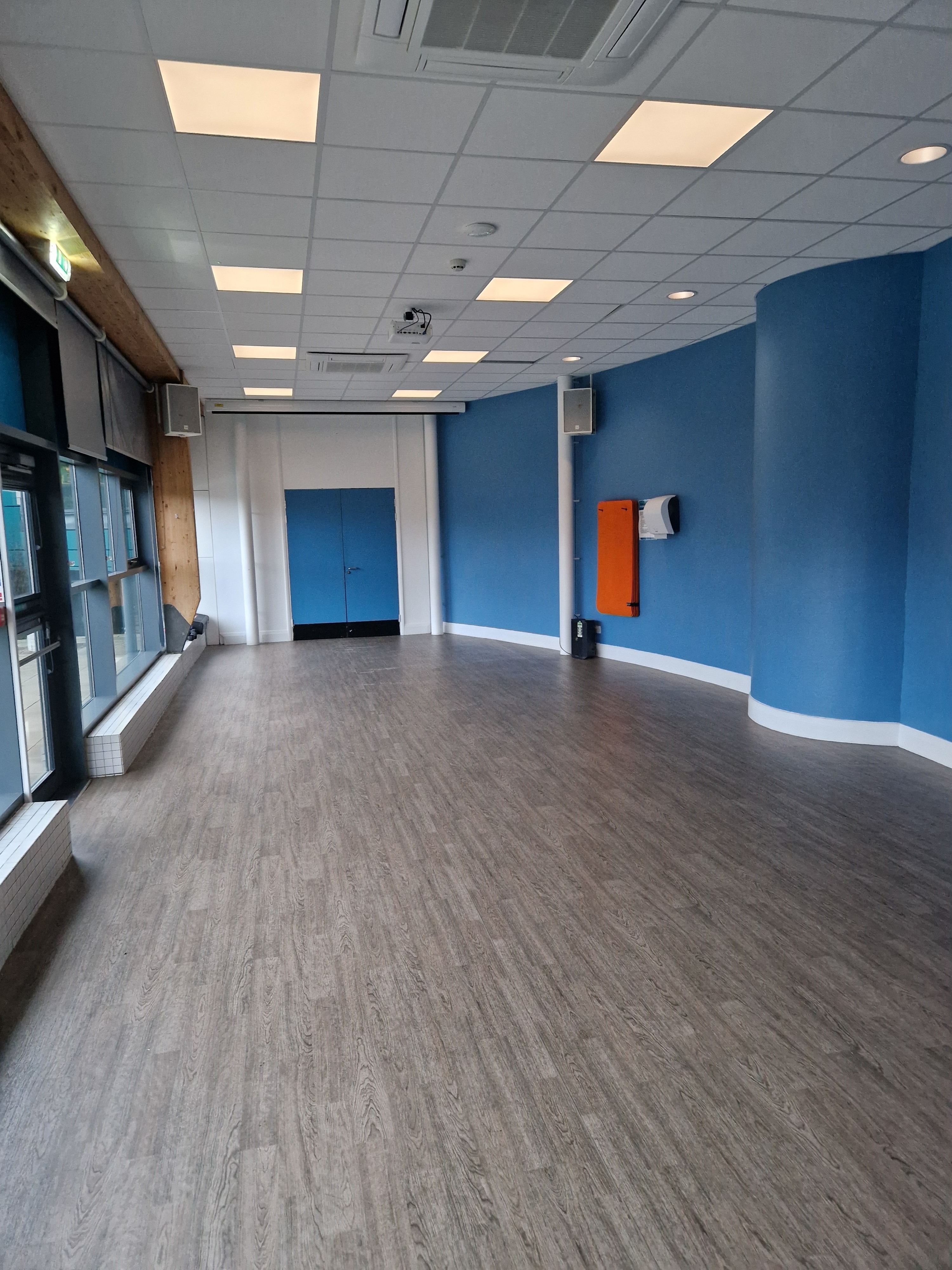 Studio featuring wooden flooring and a wavy wall on one side.