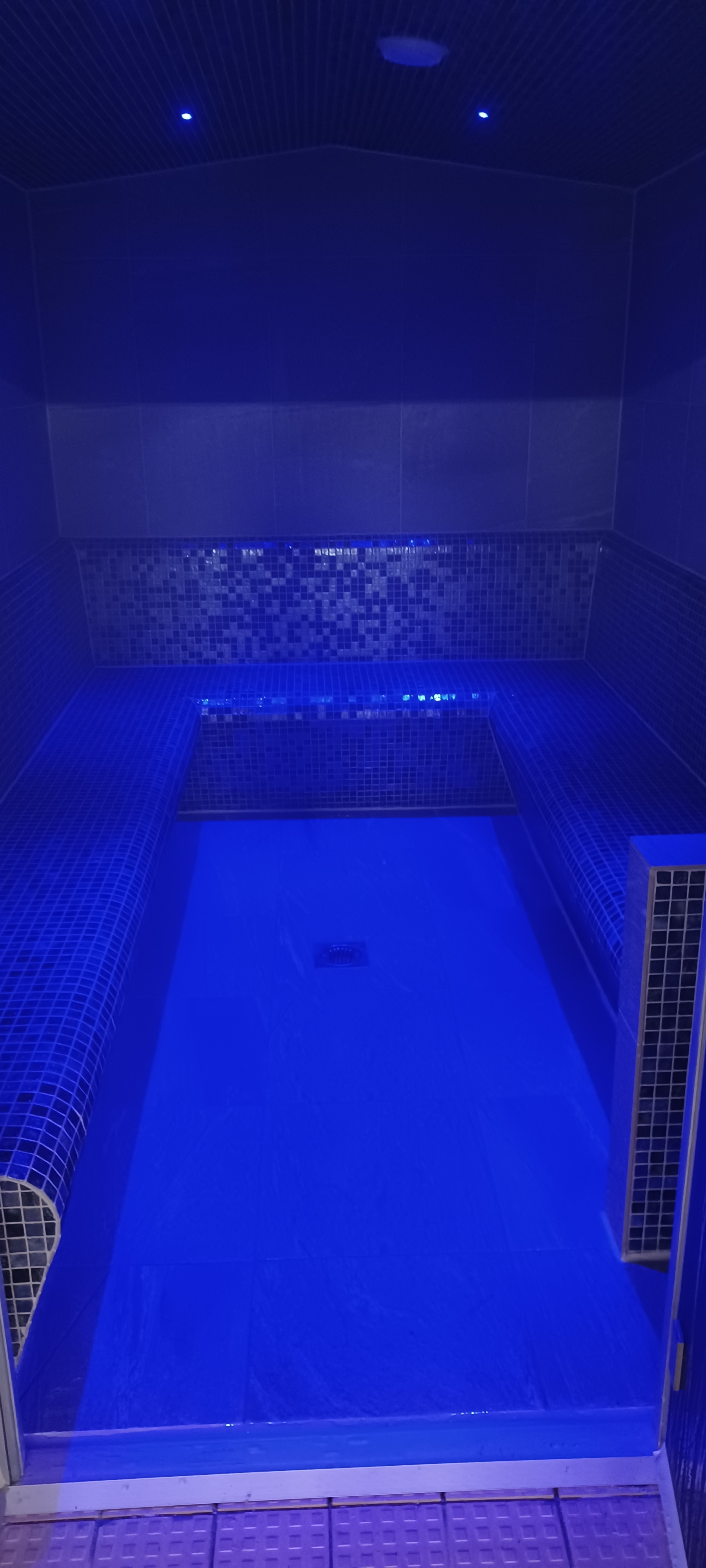 Steam room featuring blue lighting.