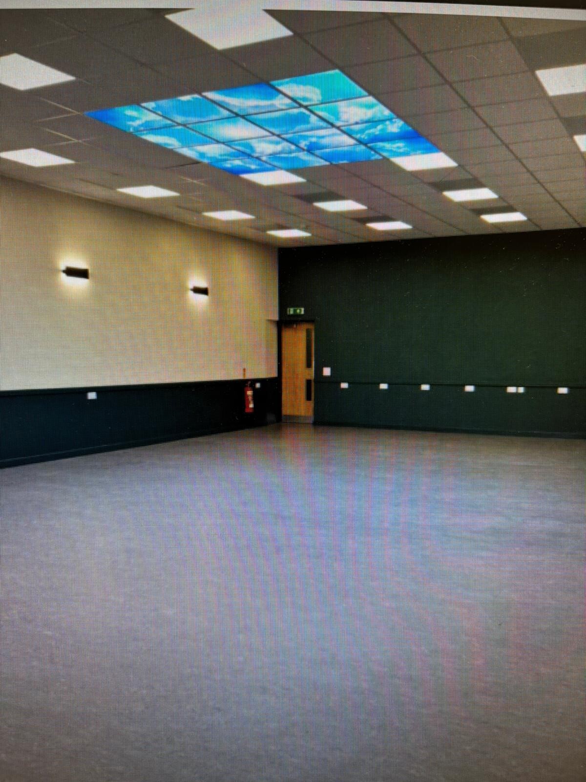 Spacious hall with wooden flooring and ample lighting.