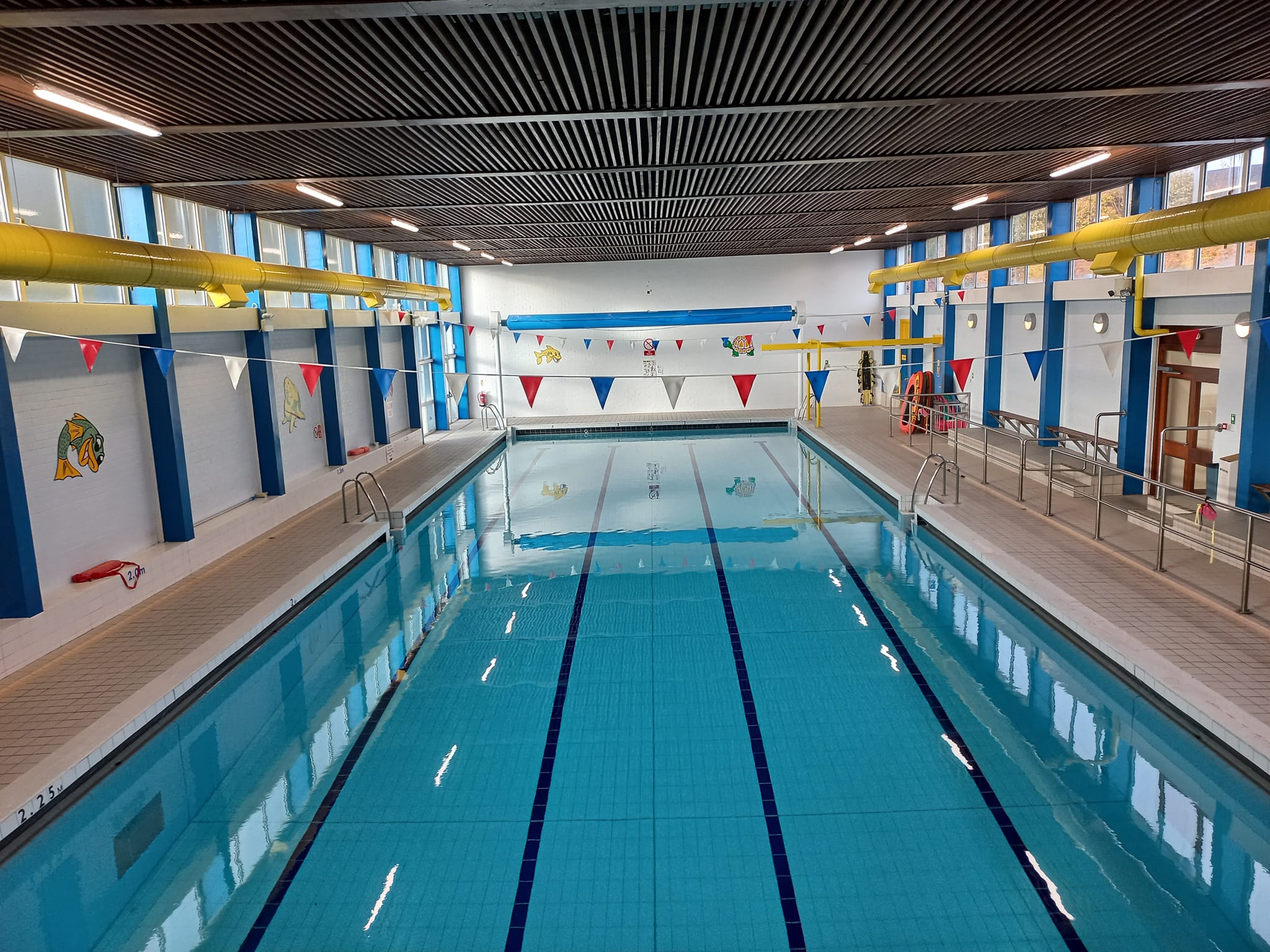 Indoor pool with bright yellow ceiling pipes, lane markers, and hanging flags.