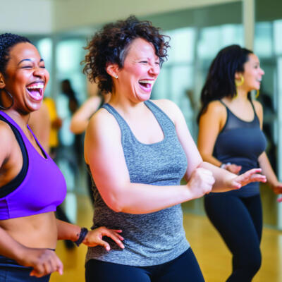 People taking part in a lively dance fitness class, moving in sync inside a bright studio with mirrored walls.