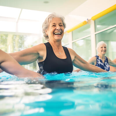 People participating in an aqua aerobics class in a swimming pool, performing arm exercises in the water.