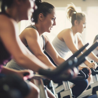People taking part in an indoor cycling class, riding stationary bikes in a fitness studio.