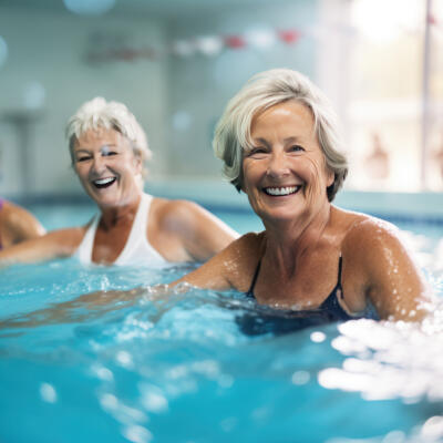 Three adults take part in a water‑based exercise class, standing in the shallow end of a swimming pool with water up to their chests.