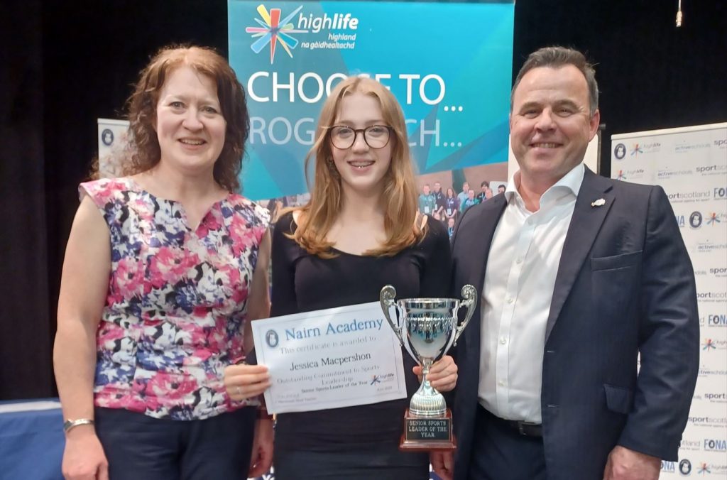 Julie Macdonald (Nairn Academy, Head Teacher), Jessica Macpherson (Pupil/Winner of Senior Sports Leader of the Year), Steve Walsh (HLH Chief Executive)