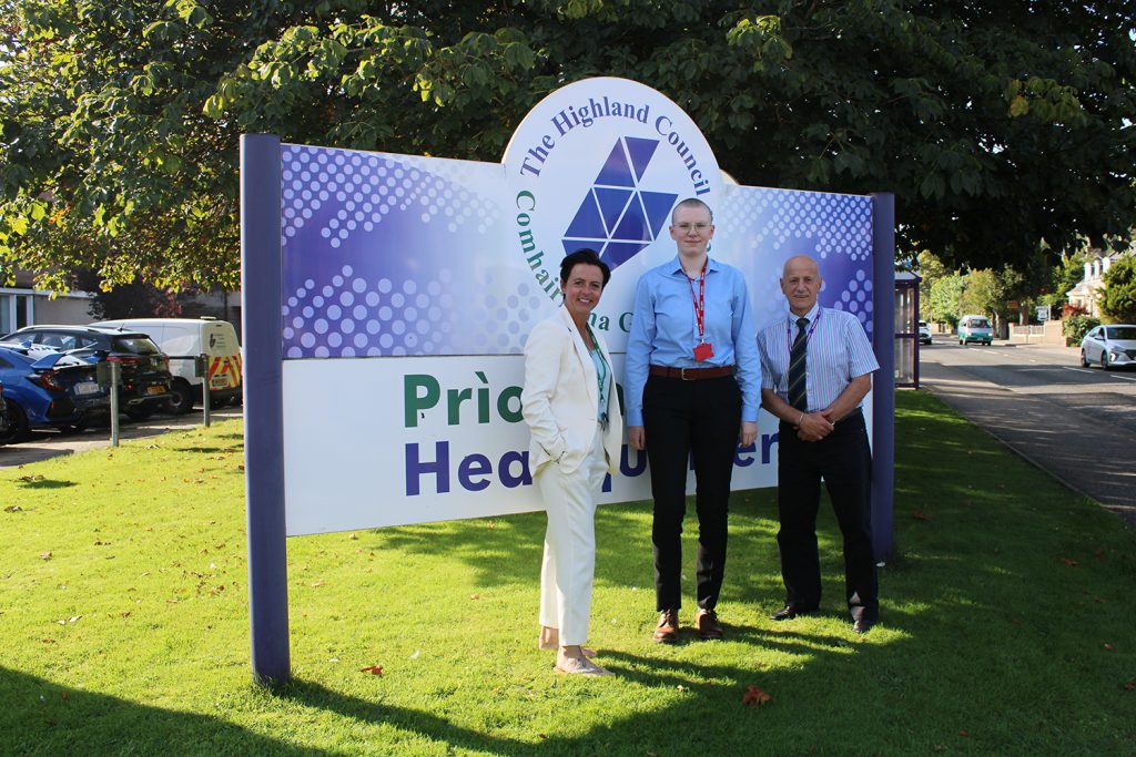 Photo outside of The Highland Council HQ: (L-R) Executive Chief Officer for Education and Learning, Nicky Grant; Highland Youth Convener, Orla MacLeod; Education Chair, Cllr John Finlayson. Photo provided by The Highland Council.