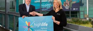Left to Right: Nigel Scott (Denchi Group CEO) and Emma Thomson (High Life Highland’s highlife Development Manager) shake hands at Inverness Leisure to announce corporate membership deal