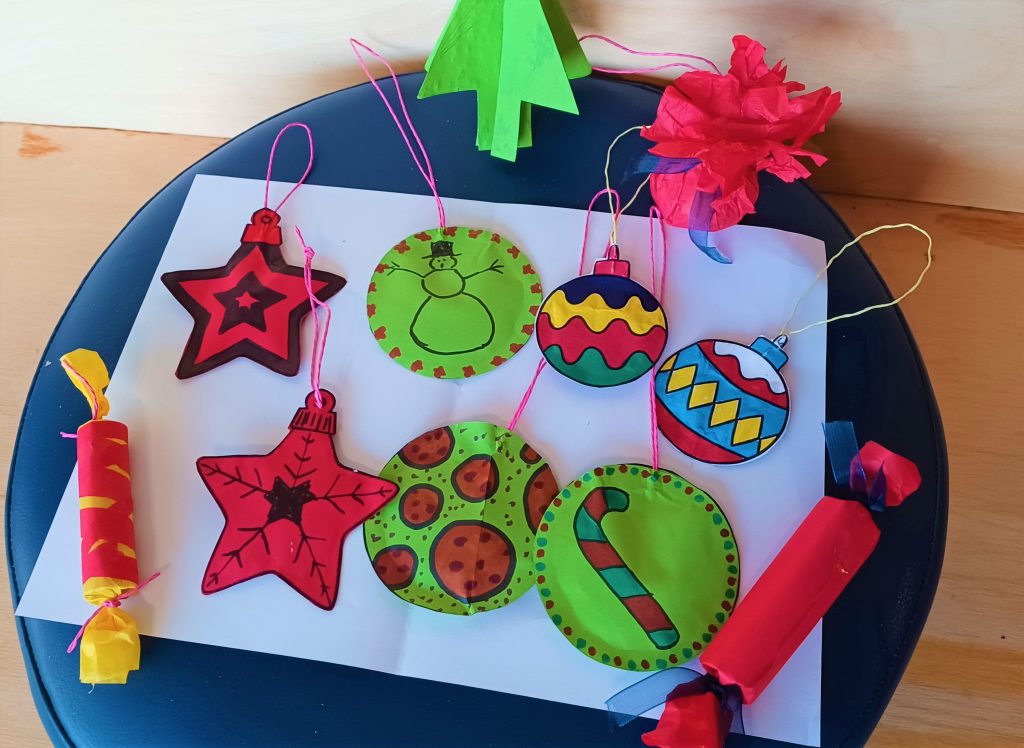 A selection of hand-made eco baubles and Christmas decorations made during the Rangers workshop