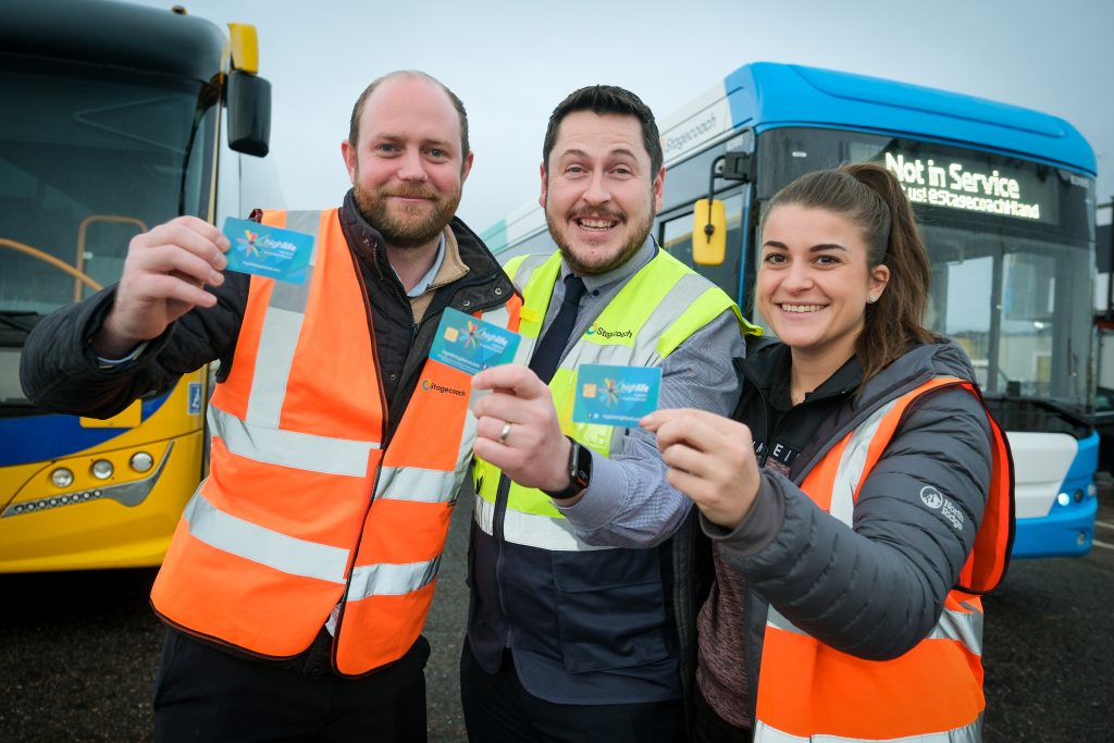 Stagecoach members of staff pose proudly with their highlife corporate membership cards. From L to R: Dave Simpson, Mike Macmillan, Ashley Streets Photo credit: Alex Williamson